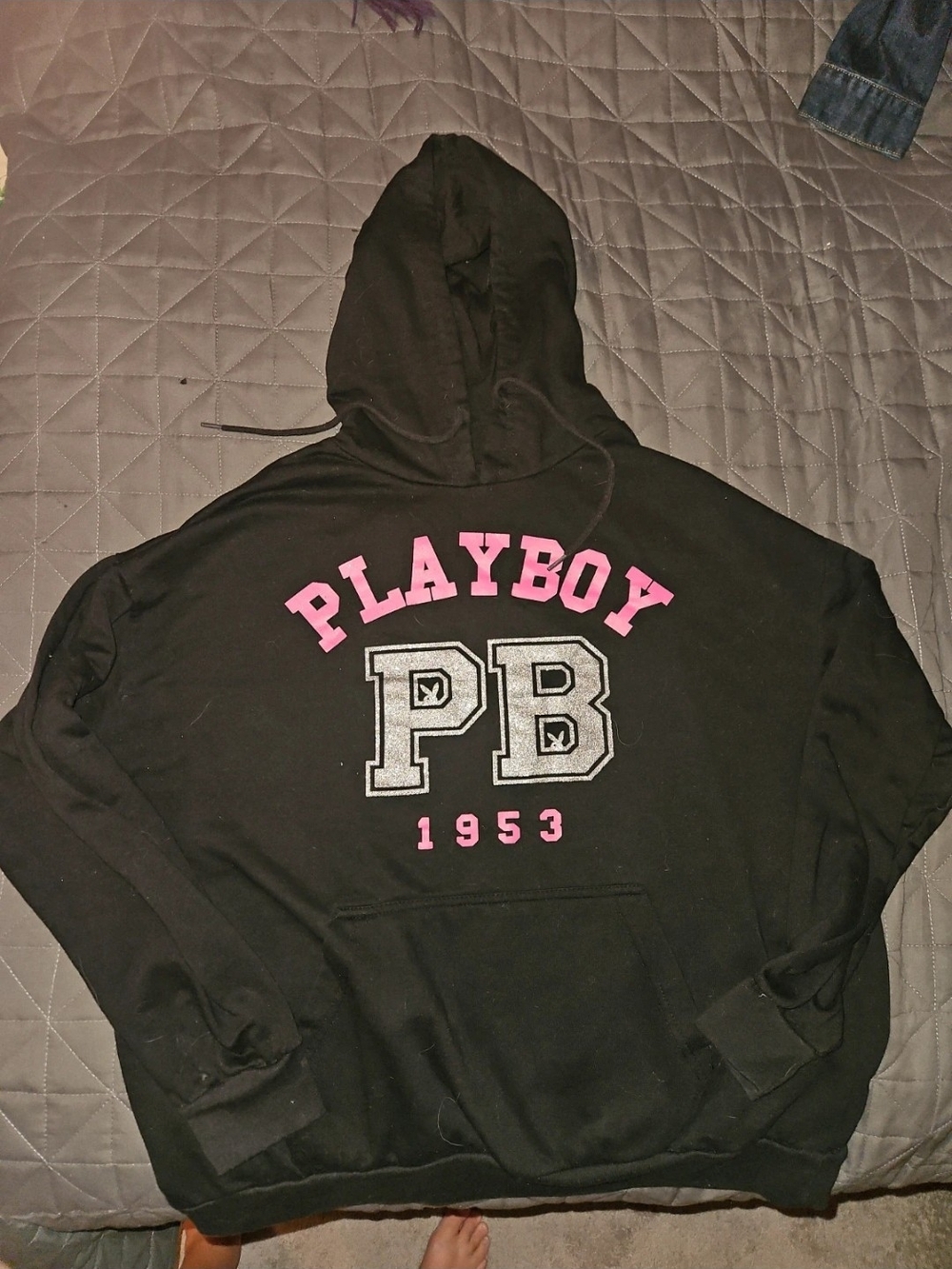 PLAYBOY Black Crewneck Hoodie with Pink Lettering